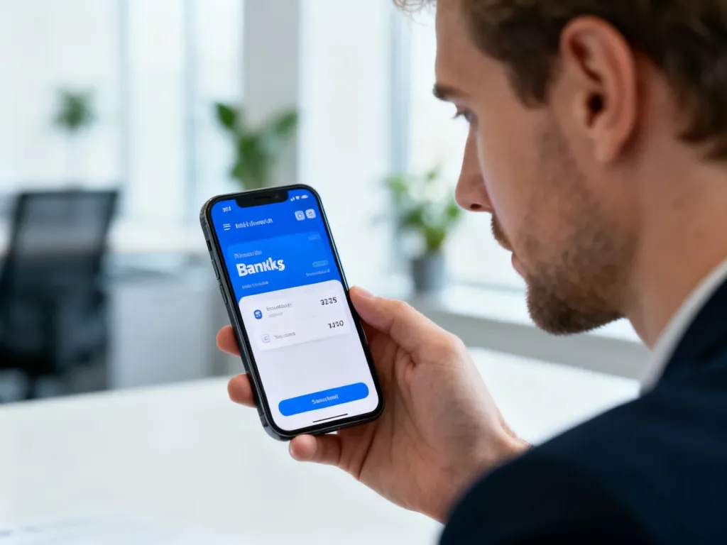 Mężczyzna korzystający z nowoczesnej aplikacji bankowej na smartfonie w jasnym, profesjonalnym biurze.