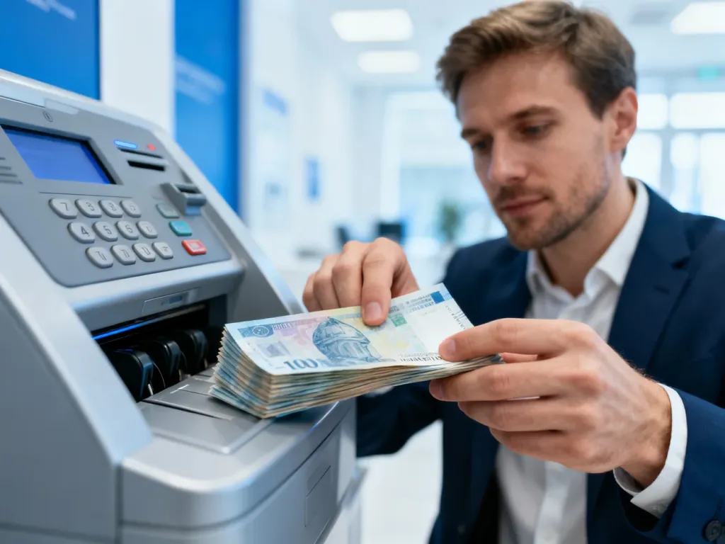 Mężczyzna wpłacający plik banknotów do nowoczesnego wpłatomatu w jasnym wnętrzu banku.