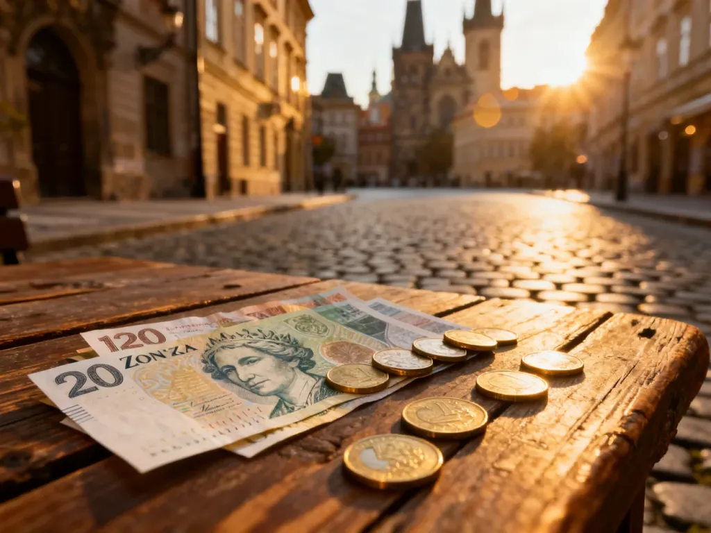 Czeskie korony w formie banknotów i monet ułożone na drewnianym stole na tle rozmytej ulicy Pragi.